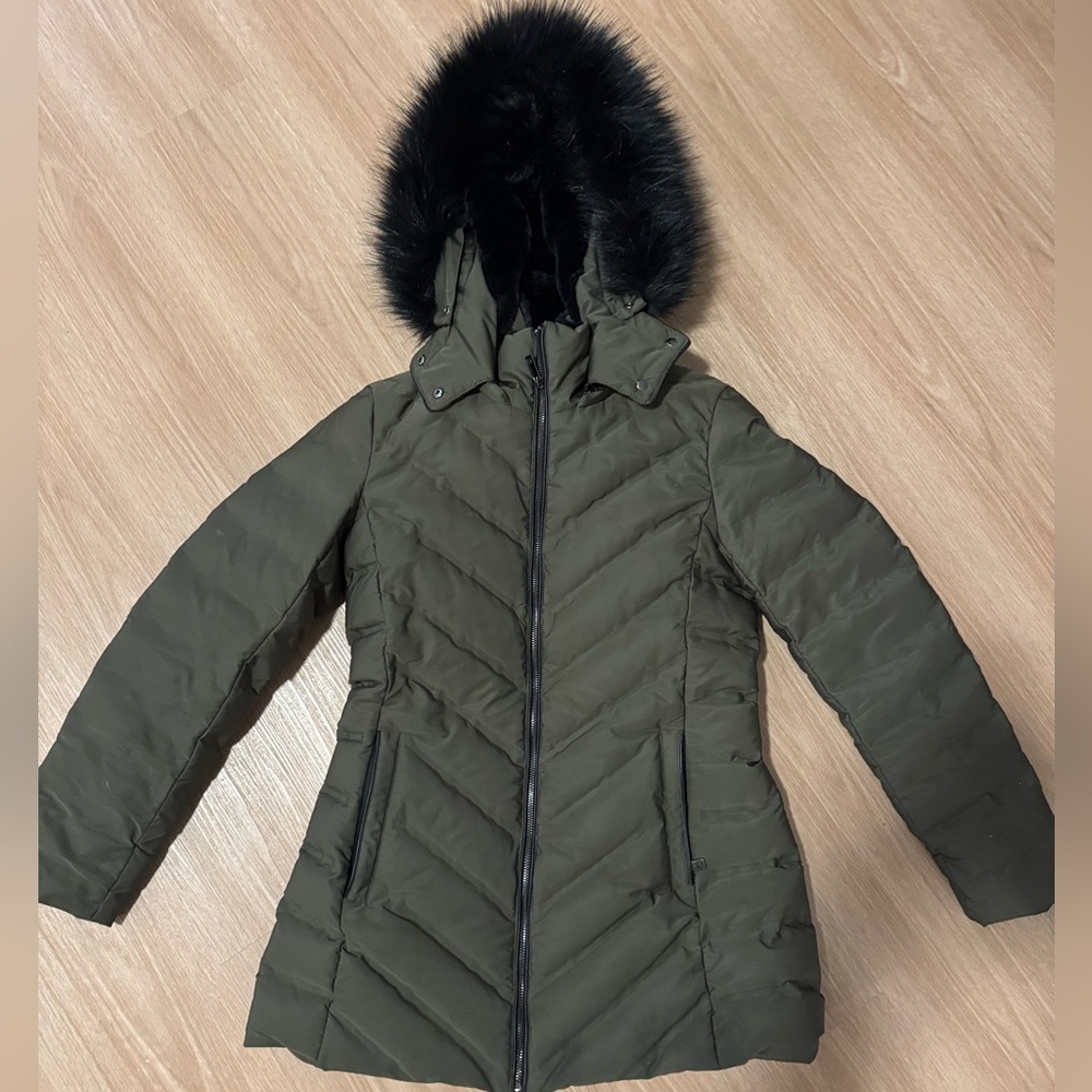 Zara Olive Puffer Coat with Black Fur Trim